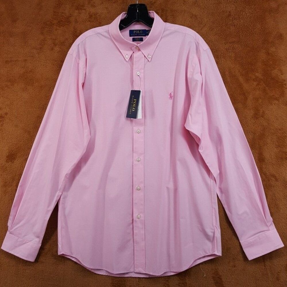 POLO RALPH LAUREN Button Shirt Mens Medium Pink Micro Check Classic Fit Stretch